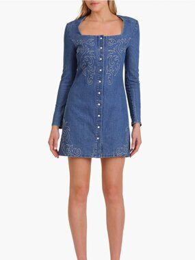 NWT Avec Les Filles Western Embroidery Long Sleeve Denim Minidress sz 4